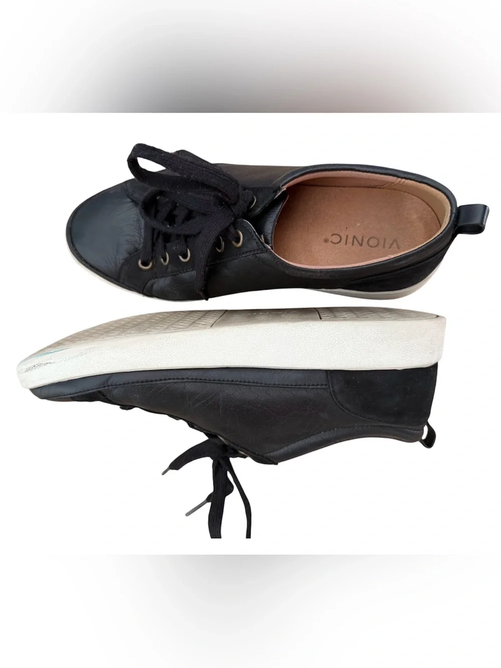 Vionic Black Leather Lace-Up Sneakers with White Sole